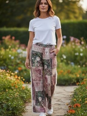 POL Rose Patchwork Floral Wide-Leg Pants